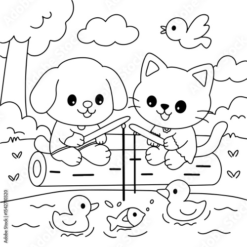 Dog and cat cute fishing coloring.eps