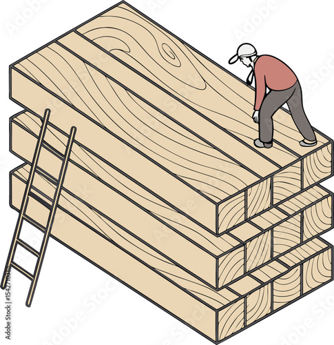 Stacked Wooden Planks with Worker Illustration. 
