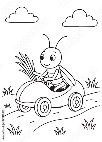 Coloring book grasshopper driving a little car with a bouquet of grass