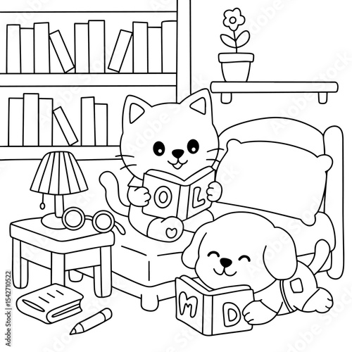 Dog and cat, cute Read a book coloring.eps