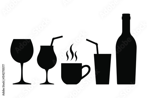 Silhouette icons of drinkware vector including wine glass, coffee mug, bottle, cocktail cup, beer stein, and beverage