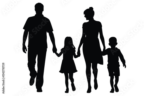 Happy family silhouette couple walking with two children