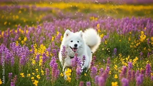 Happy Samoyed dog running through a vibrant field of purple and yellow flowers on a sunny day