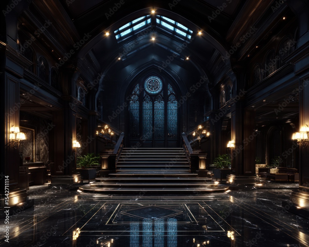 Fototapeta premium Dark grand hall with ornate architecture