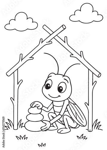 Coloring book grasshopper building a stone tower under a stick shelter