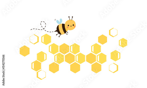 Beehive honey sign with hexagon grid cells and bee cartoon icon sign isolated on white background vector.