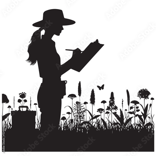 Silhouette Botanist Examining Plants Researching Flora In Field