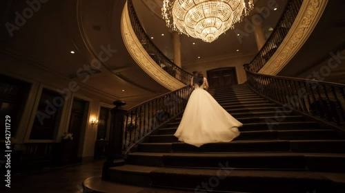 Elegant bride walking down a luxurious spiral staircase under a chandelier, wearing a flowing wedding gown, grand hall interior, soft golden lighting, cinematic wide shot