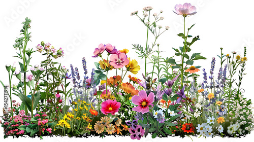 Fototapeta Naklejka Na Ścianę i Meble -  Assorted wildflowers in full bloom isolated on white background create a vibrant and colorful display of natures beauty during the spring and summer seasons