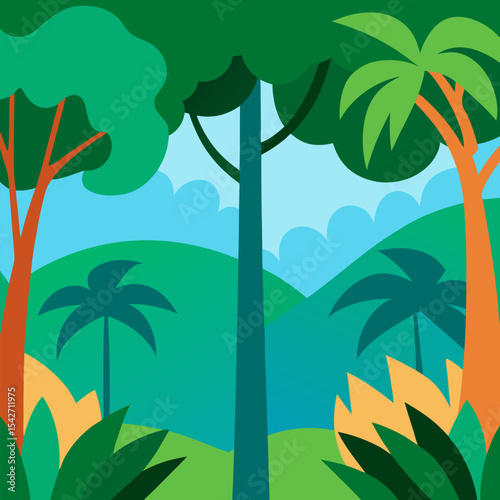 Rainforest canopy with lush vegetation vector landscape nature background.