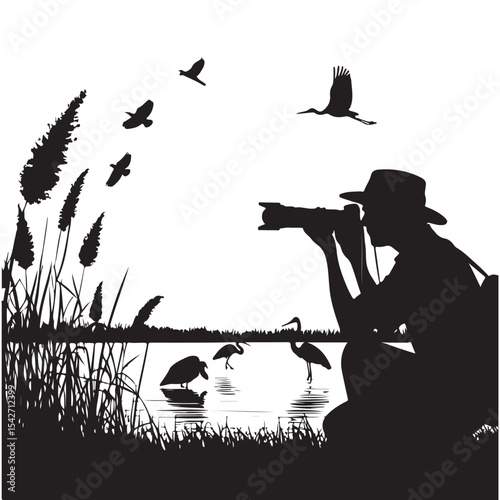 Wildlife Photographer Silhouette with Birds in Natural Setting Vector