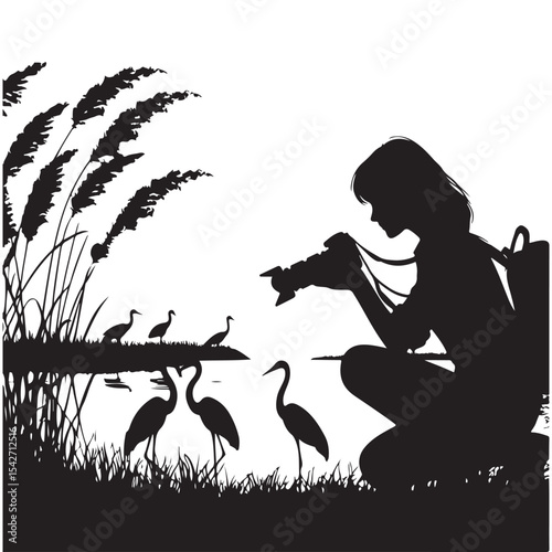 Silhouette Photographer Capturing Nature Birds Vector Illustration Design