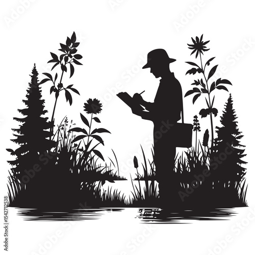 Silhouette Botanist Examining Plants in Nature Vector Art Design