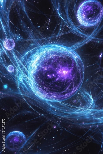 Cosmic spheres swirling in vibrant purple and blue nebula