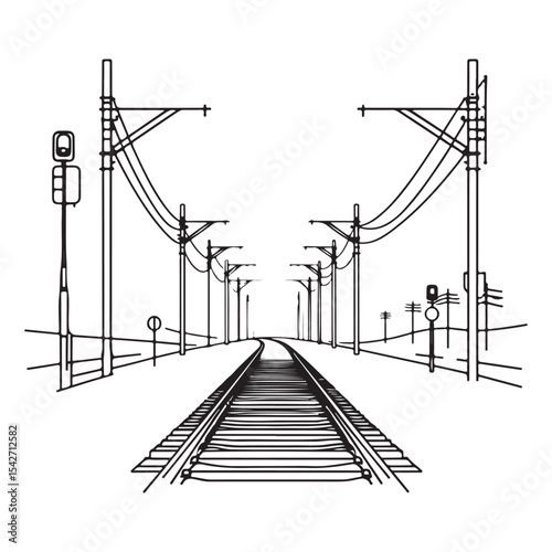 Railway Tracks and Overhead Power Lines Vector Art Illustration
