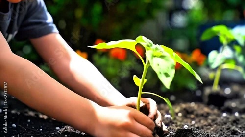 Blonde child holds green seedling with soil-covered hands. Boy planting in garden. Curious expression. Nurturing new life. Gardening planting plant mud. Early childhood natural development baby girl