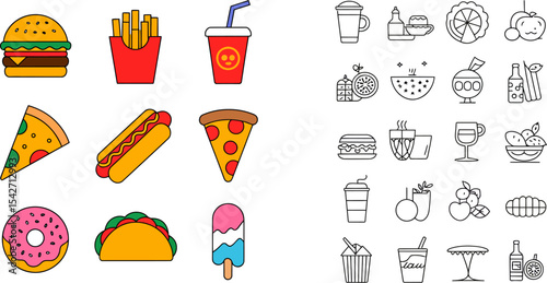 Vector fast food icons burger fries pizza hotdog taco donut soda drink dessert meal outline set design 100 editable stock vector illustration