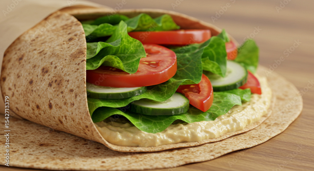 Healthy Hummus and Vegetable Wrap on Wooden Surface Healthy Hummus and Vegetable Wrap on Wooden Surface