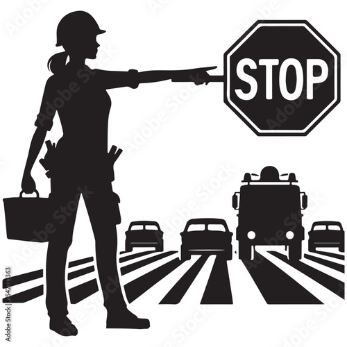 Silhouette Road Construction Stop Worker Protecting Traffic Safety