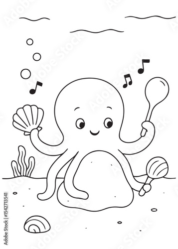Coloring book octopus playing maracas and seashell, creating music undersea