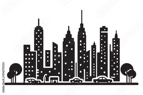 City Skyline Silhouette Illustration With Skyscrapers and Vehicles