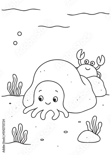 Coloring book octopus peeking from behind a rock with a happy crab, a charming undersea coloring page