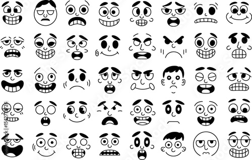 Cartoon faces expressions vector set drawing illustration emotions character design graphic art black white editable stock vector illustration