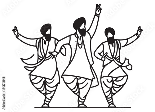 Joyful Sikh Men Dancing Bhangra Traditional Dance Illustration