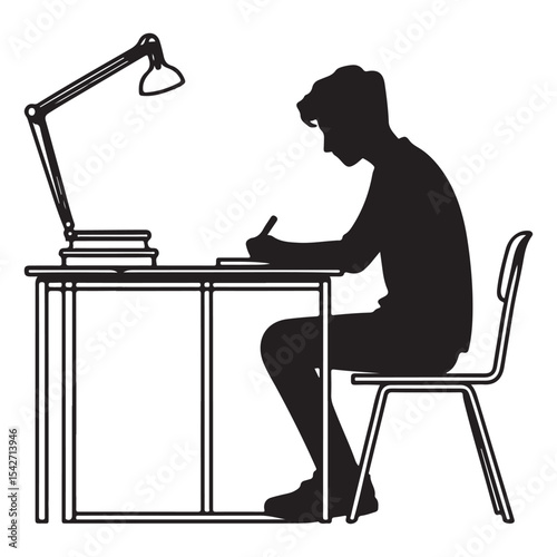 Silhouette Student Studying at Desk with Lamp Light Illustration