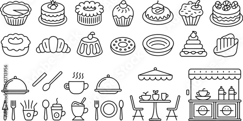 Bakery pastry cake dessert sweets cafe shop food line art vector outline drawing illustration set icon 100 editable stock vector illustration