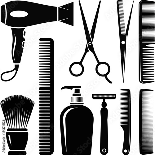 Hairdressing salon tools vector illustration with scissors comb brush hairdryer razor and bottle set 100 editable stock vector illustration