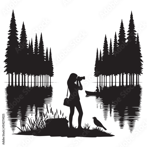 Nature photographer silhouette capturing lakeside scenery in forest illustration