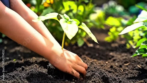 Blonde child holds green seedling with soil-covered hands. Boy planting in garden. Curious expression. Nurturing new life. Gardening planting plant mud. Early childhood natural development baby girl