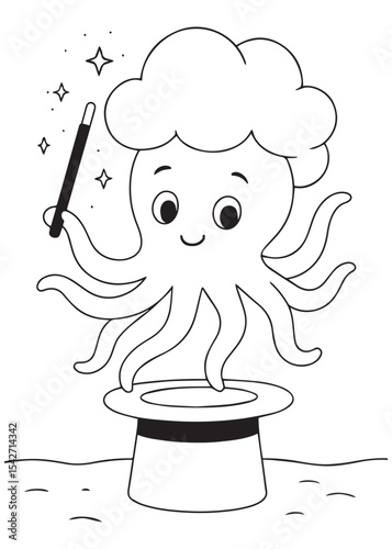 Coloring book octopus magician performing a trick with a top hat and wand