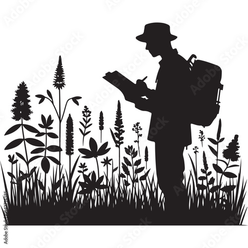 Botanist silhouette studying plants in nature field research illustration
