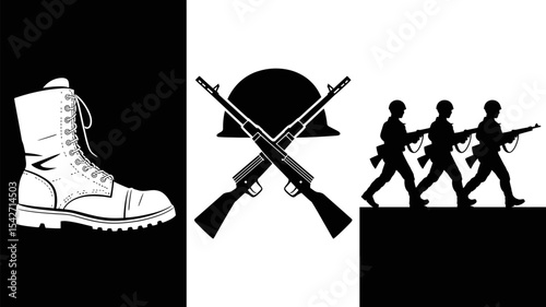 Military boot guns soldiers vector illustration army combat war uniform defense equipment warfare 100 editable stock vector illustration