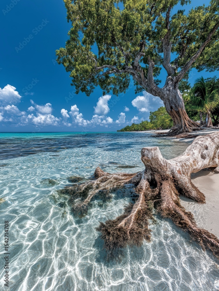 Fototapeta premium Serene Tropical Beach Scene Crystal Clear Water, Lush Tree, and Exposed Roots