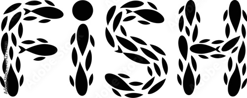 Fish typography design black and white illustration aquatic life marine animals ocean sea creative art 100 editable stock vector illustration