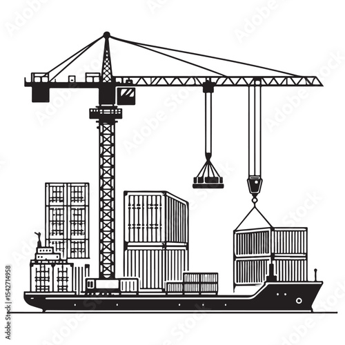 Container Ship at Port with Crane Lifting Cargo Vector Art