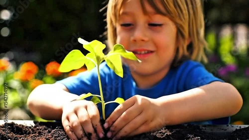 Blonde child holds green seedling with soil-covered hands. Boy planting in garden. Curious expression. Nurturing new life. Gardening planting plant mud. Early childhood natural development baby girl