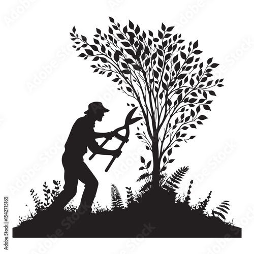 Gardener Pruning Tree Silhouette Illustration Professional Landscaping Care and Maintenance
