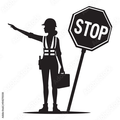 Construction worker silhouette directing traffic with a stop sign