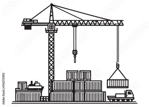 Detailed Crane Lifting Shipping Containers at Construction Site Illustration