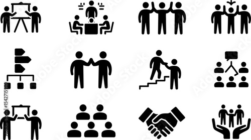 Business teamwork collaboration partnership cooperation success strategy management icons vector set editable stock vector illustration