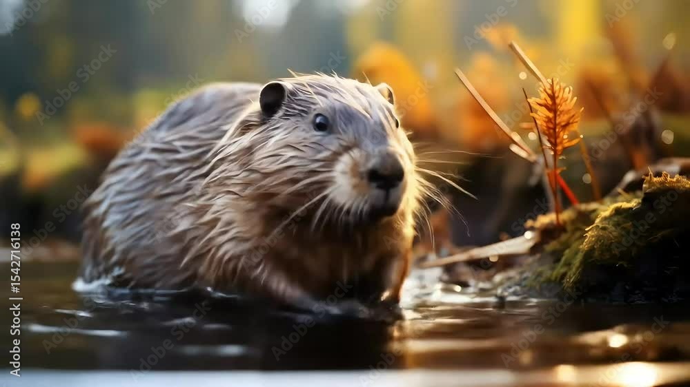 Wet Beaver in Autumnal Woodland Setting. Generative AI Wet Beaver in Autumnal Woodland Setting. Generative AI