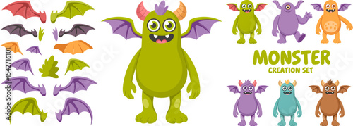 Monster creation set vector illustration cartoon monster characters design elements for kids and games editable stock vector illustration