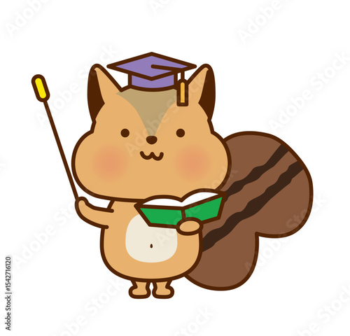 博士帽をかぶったリスの先生のかわいいイラスト