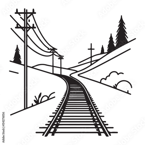 Scenic railway tracks illustration silhouette art through mountainous landscape