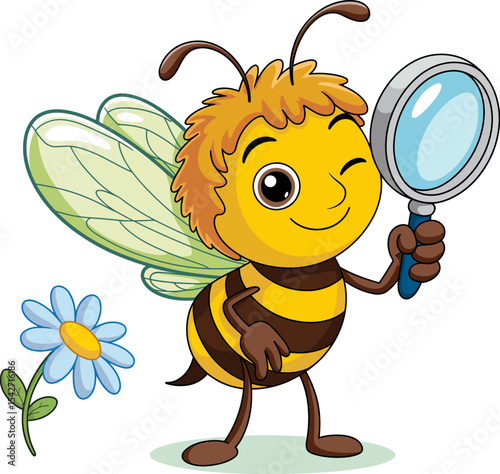 Cartoon bee with magnifying glass illustration for kids education and learning resources vector design editable stock vector illustration