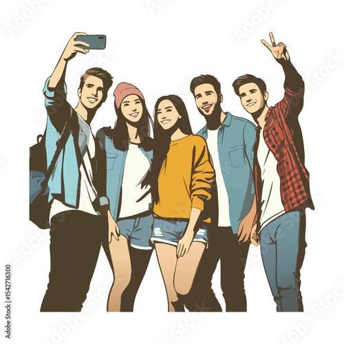 Happy friends posing for a selfie in colorful casual outfits